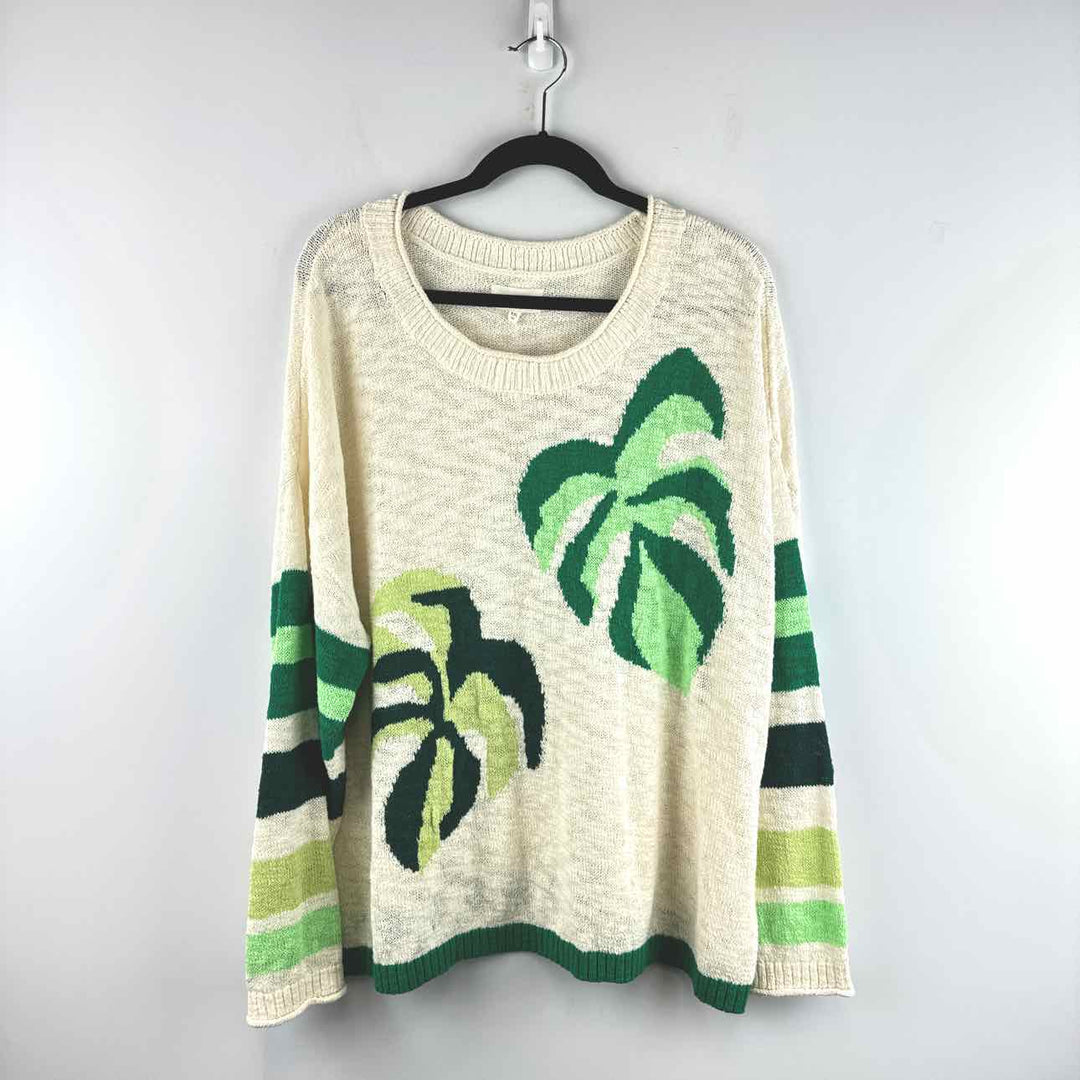 LOU & GREY Sweater Cream & Green / XXL LOU & GREY Crochet PALM TREES Women's Sweaters Women Size XXL Sweater