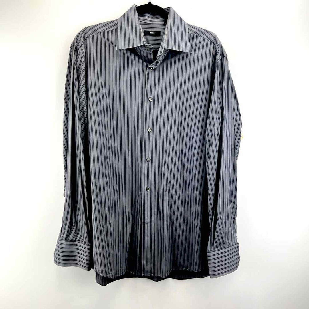 Simply Posh Consign Shirt GREY / L BOSS Stripe Men's BUTTON DOWN Men's Clothes Mens Size L GREY Shirt
