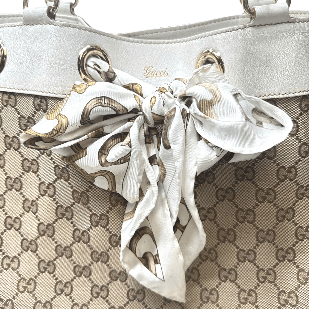 Simply Posh Consign Tote Shopper Gucci Beige & White Monogram Canvas Positano Tote Bag