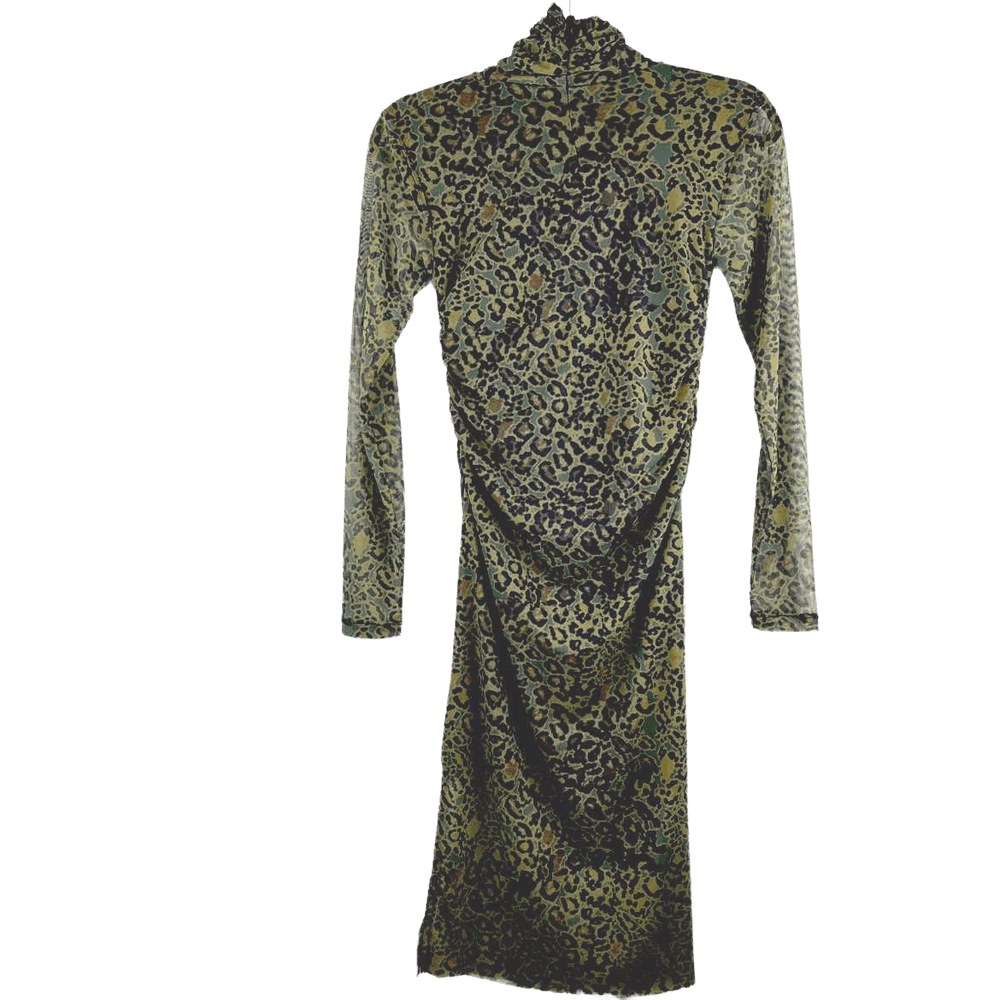 ALL SAINTS Dress Olive Green & Black / 4 ALL SAINTS Long Sleeve Olive Green Leopard Print Long Sleeve Women's Mesh Turtle Neck Dress - Size 4