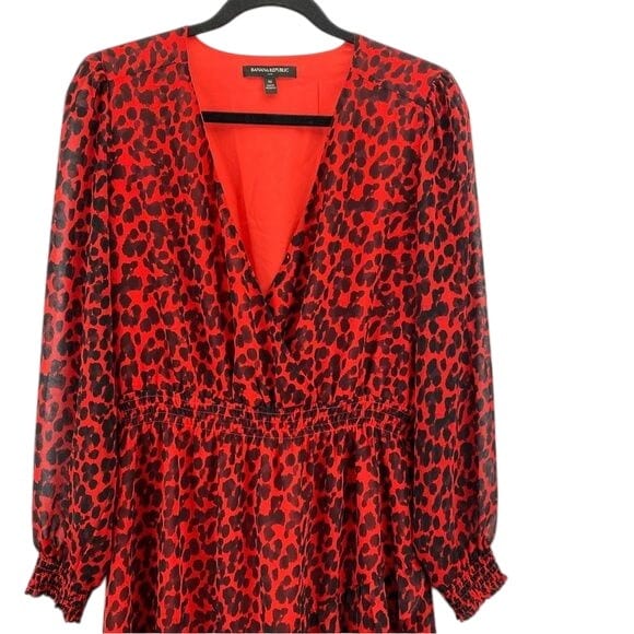 Banana Republic M / Red Black / Red Banana Republic Red & Black Long Sleeve Ruffled Leopard Print Dress size M