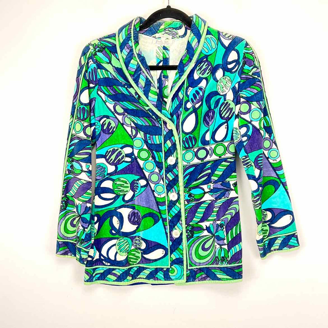 EMILIO PUCCI Jacket Blue & Green / 10 EMILIO PUCCI Terry Cloth MULTI PRINT Women's Women Size 10 Blue & Green Jacket