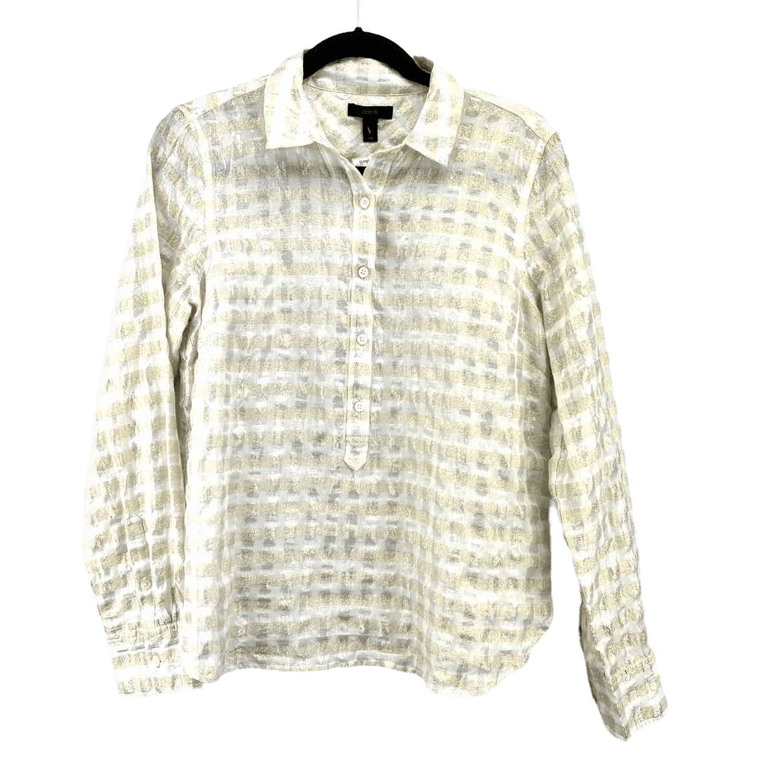 J.CREW Top white & gold / 10 JCREW White & Gold Checkered Womens Top - Long Sleeve - Size 10