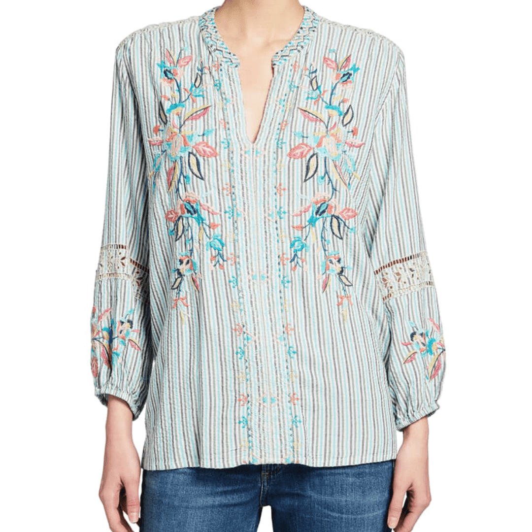 JOHNNY WAS Top Multi-Color / L Johnny Was Lais Paris Effortless Striped Embroidered Blouse - Size L