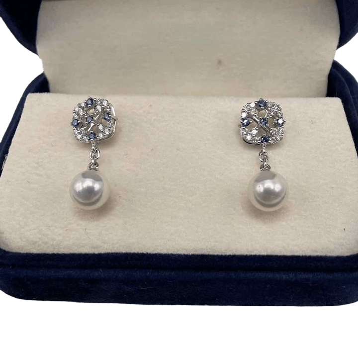 MIKIMOTO Earrings MIKIMOTO AKOYA 18K Yellow Gold with 7mm  CULTURED PEARL, 0.3ct DIAMOND & 0.14ct SAPPHIRE DROP EARRING