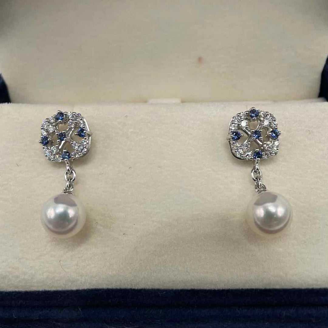 MIKIMOTO Earrings MIKIMOTO AKOYA 18K Yellow Gold with 7mm  CULTURED PEARL, 0.3ct DIAMOND & 0.14ct SAPPHIRE DROP EARRING