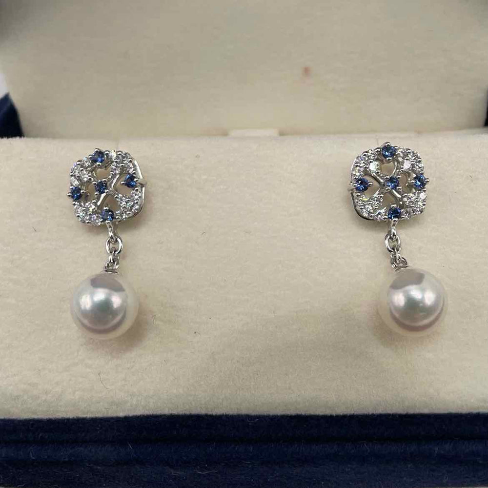 MIKIMOTO Earrings MIKIMOTO AKOYA 18K Yellow Gold with 7mm  CULTURED PEARL, 0.3ct DIAMOND & 0.14ct SAPPHIRE DROP EARRING