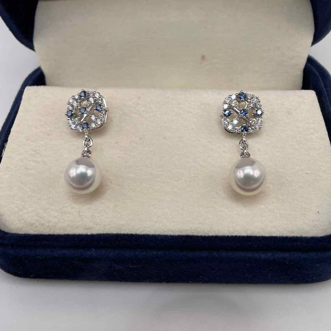 MIKIMOTO Earrings MIKIMOTO AKOYA 18K Yellow Gold with 7mm  CULTURED PEARL, 0.3ct DIAMOND & 0.14ct SAPPHIRE DROP EARRING