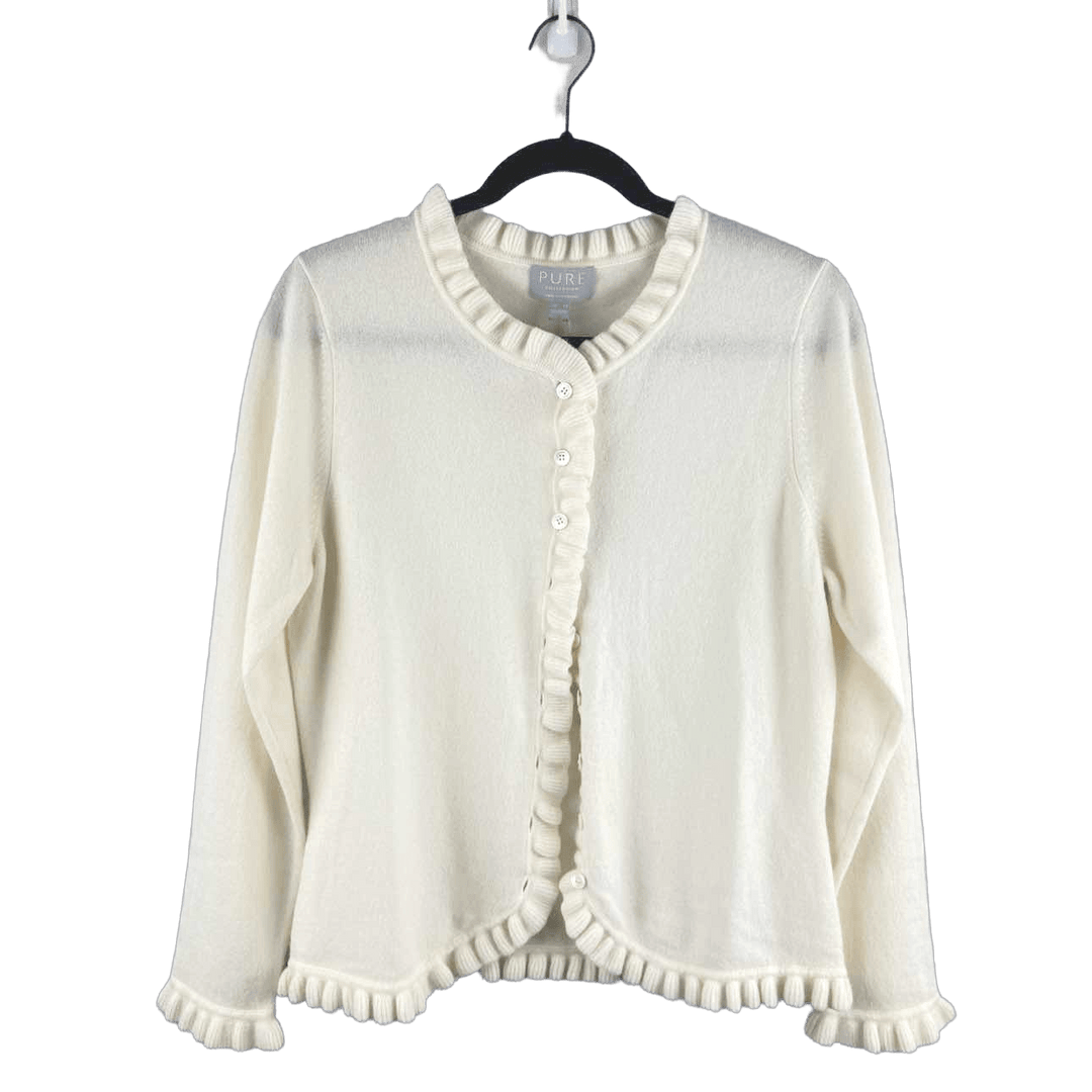 PURE Cardigan Cream / 8 PURE Cashmere Cream Ruffled Women's Sweater Cardigan - Size 8
