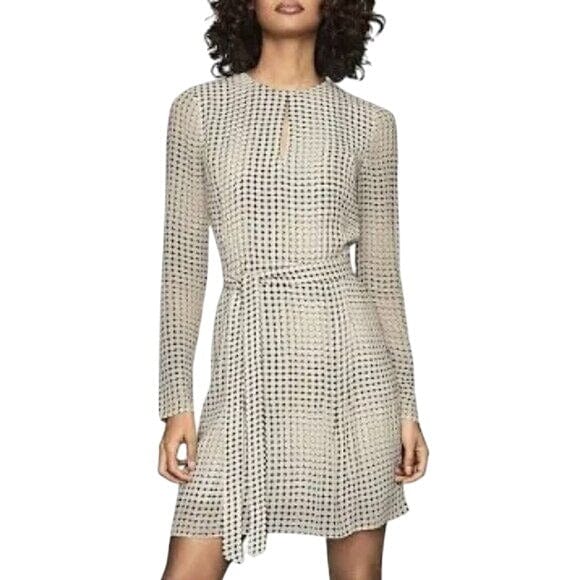 REISS 2 / White Black / Polyester REISS Elissa Long Sleeve Geometric Circle Mini Dress - Size 2