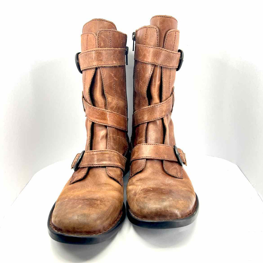 Simply Posh Consign Booties Chestnut BORN  Womens Booties Chesnut Brown Side Zip Size Buckle leopard lining Size 8.5