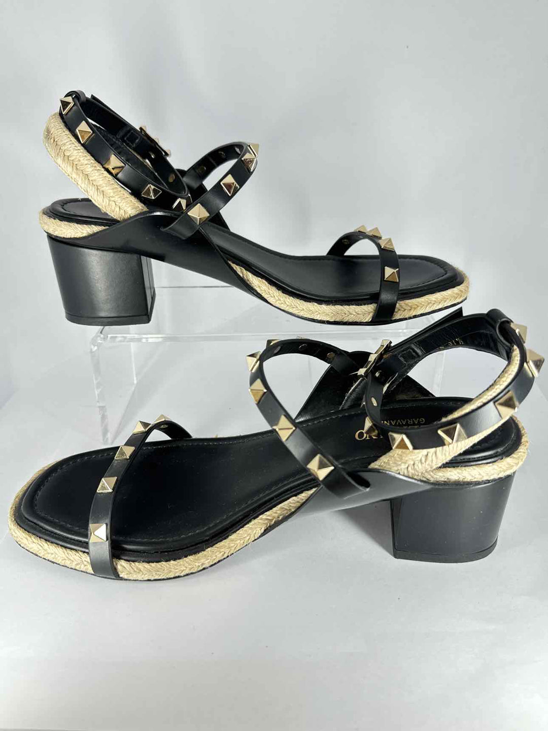 Simply Posh Consign Heels Black & Gold Stylish VALENTINO Black  Gold Studded Jute Heels - Size 7