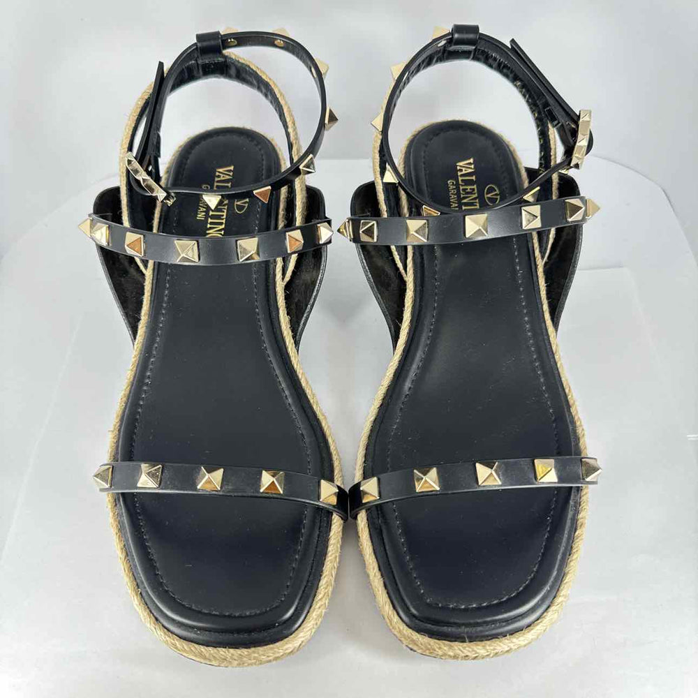 Simply Posh Consign Heels Black & Gold Stylish VALENTINO Black  Gold Studded Jute Heels - Size 7