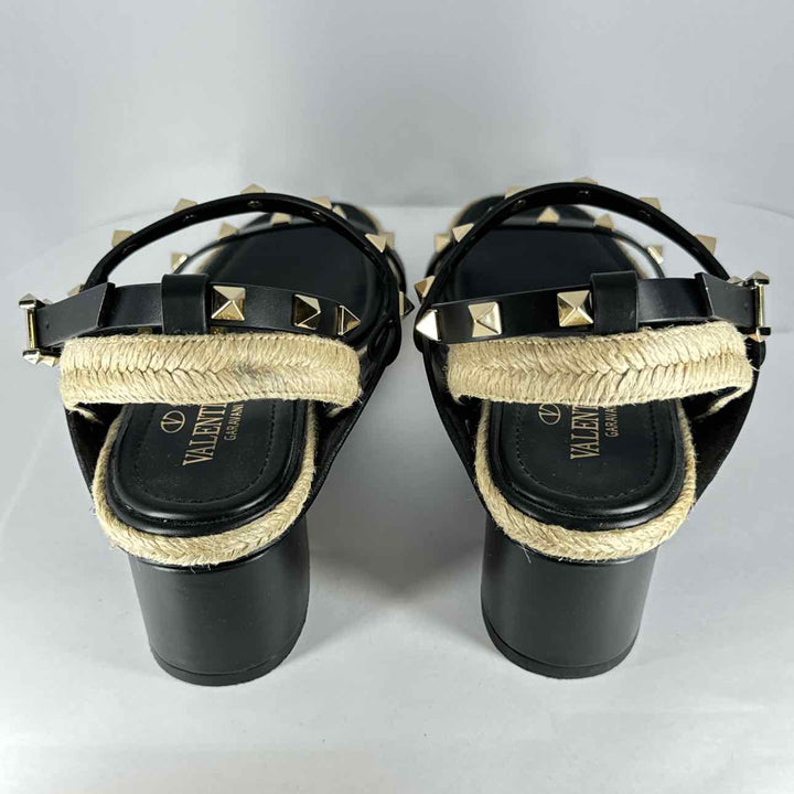 Simply Posh Consign Heels Black & Gold Stylish VALENTINO Black  Gold Studded Jute Heels - Size 7