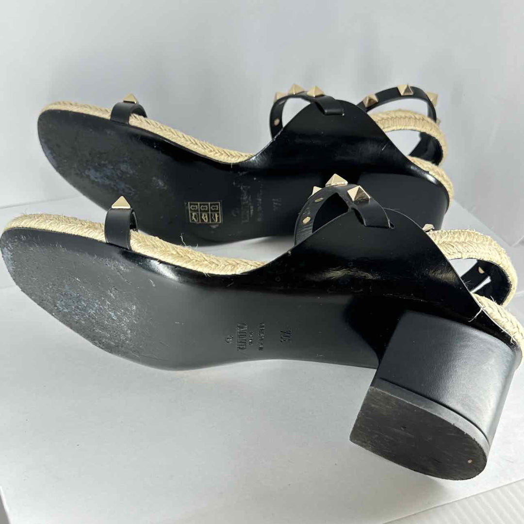 Simply Posh Consign Heels Black & Gold Stylish VALENTINO Black  Gold Studded Jute Heels - Size 7