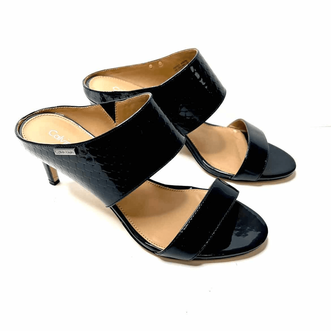 Simply Posh Consign Heels Midnight Blue CALVIN KLEIN Women's Patent Leather 2 Strap Midnight Blue Heels