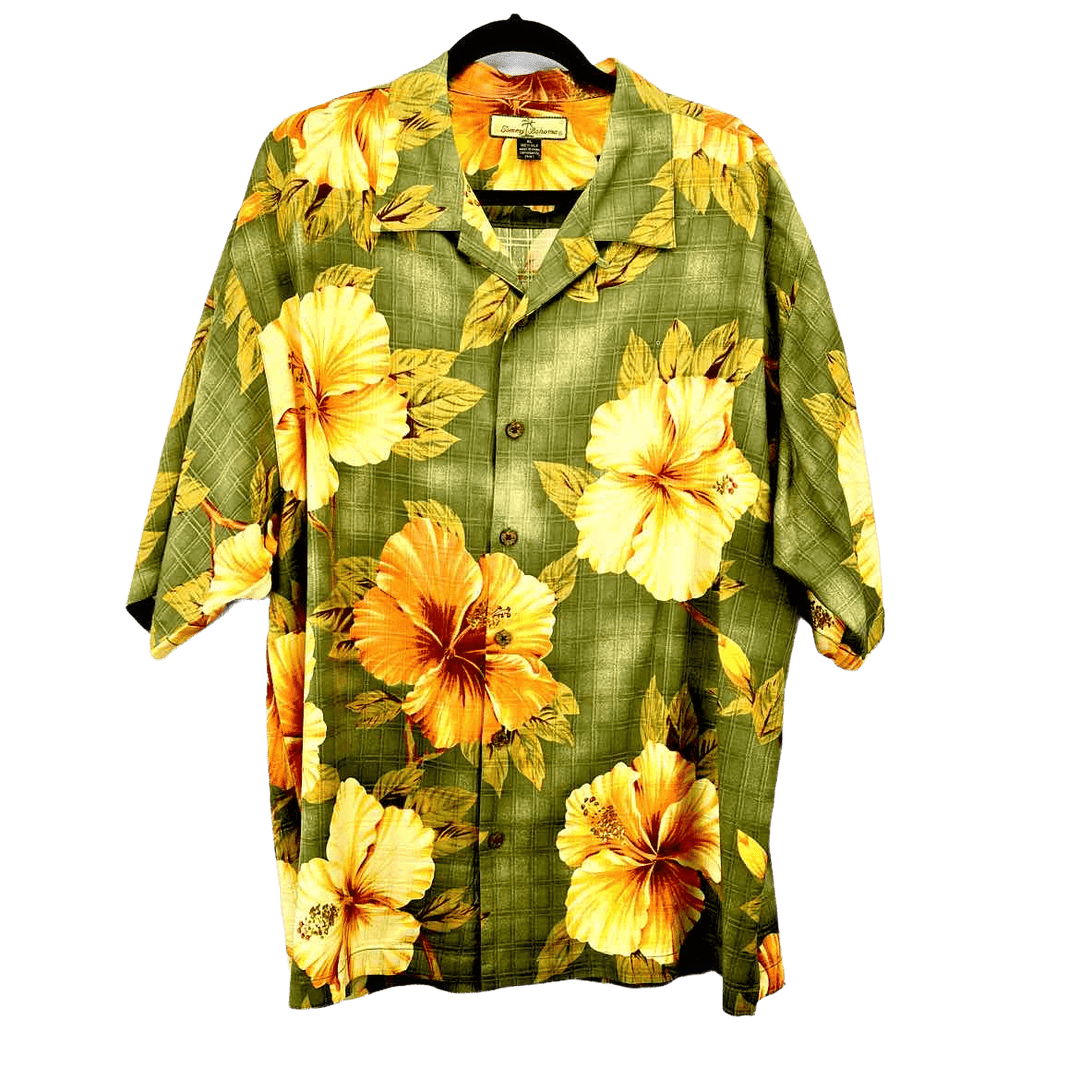 Simply Posh Consign Polo Green & Yellow / XL TOMMY BAHAMA Floral Men's Silk Men's Clothe Size XL Green & Yellow Polo Shirt