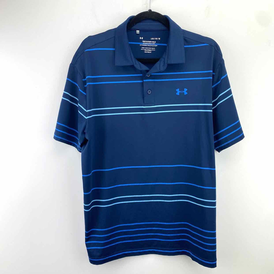 Simply Posh Consign Shirt Blue / L UNDER ARMOUR Stripe Men's Short Sleeve Active Wear Mens Size L Blue Shirt