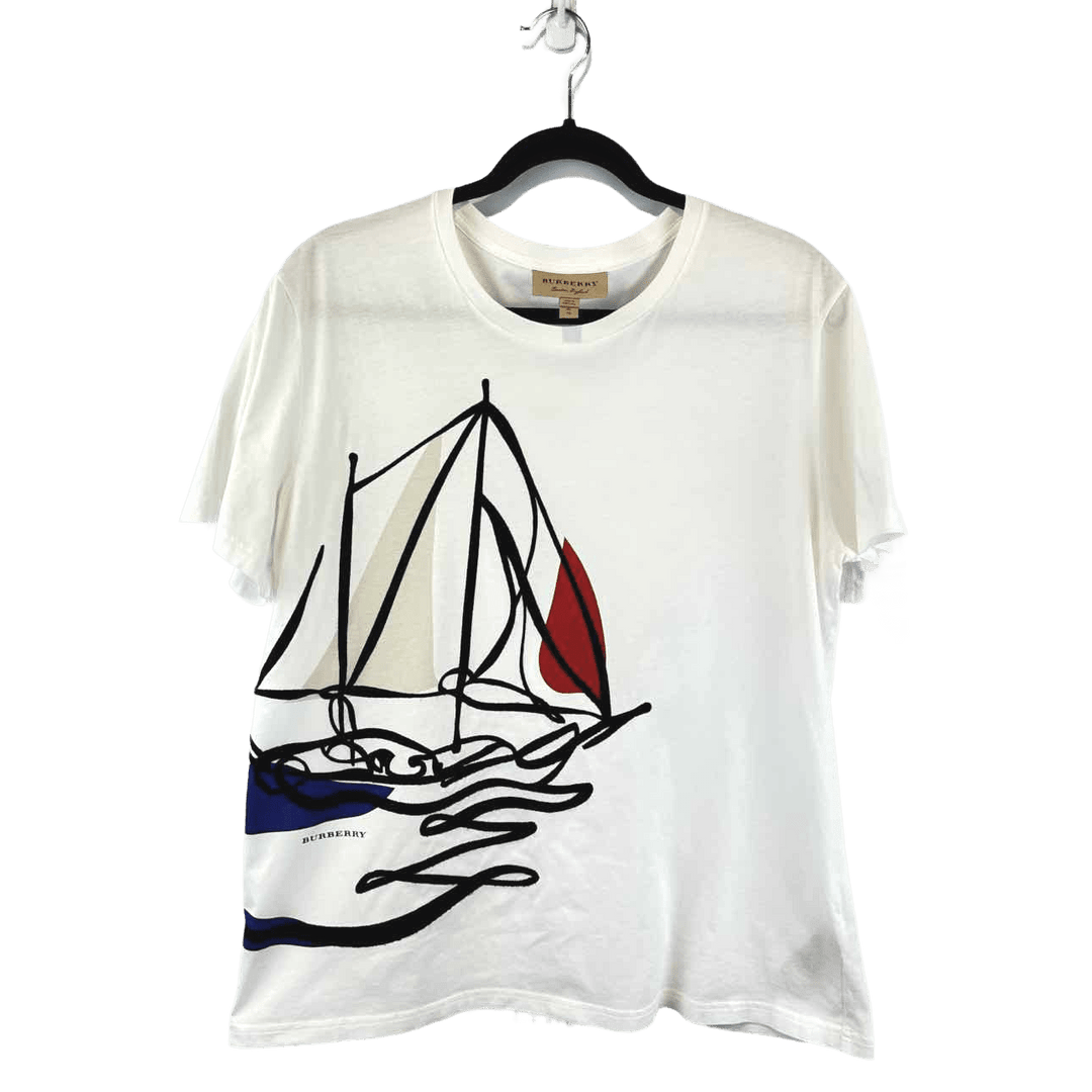 Simply Posh Consign Shirt white & black / XL BURBERRY Abstract Embroidered Sail Boat Cotton Tee - Size XL