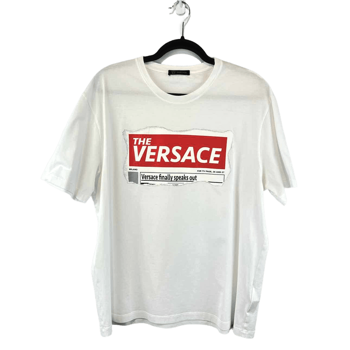 Simply Posh Consign Shirt White & Red / XXL VERSACE Unisex Short Sleeve Tabloid Clipping Tee - Size XXL