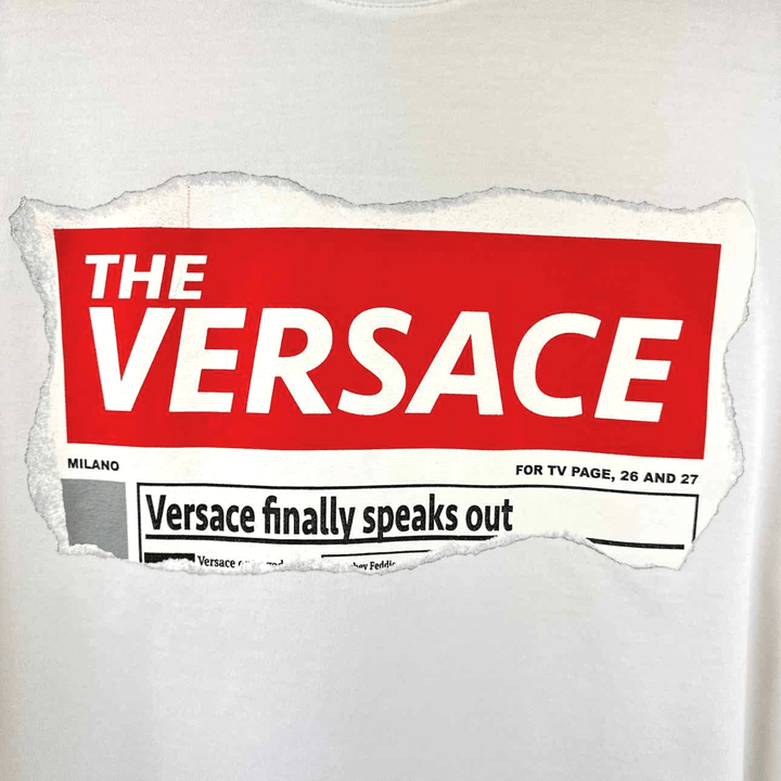 Simply Posh Consign Shirt White & Red / XXL VERSACE Unisex Short Sleeve Tabloid Clipping Tee - Size XXL