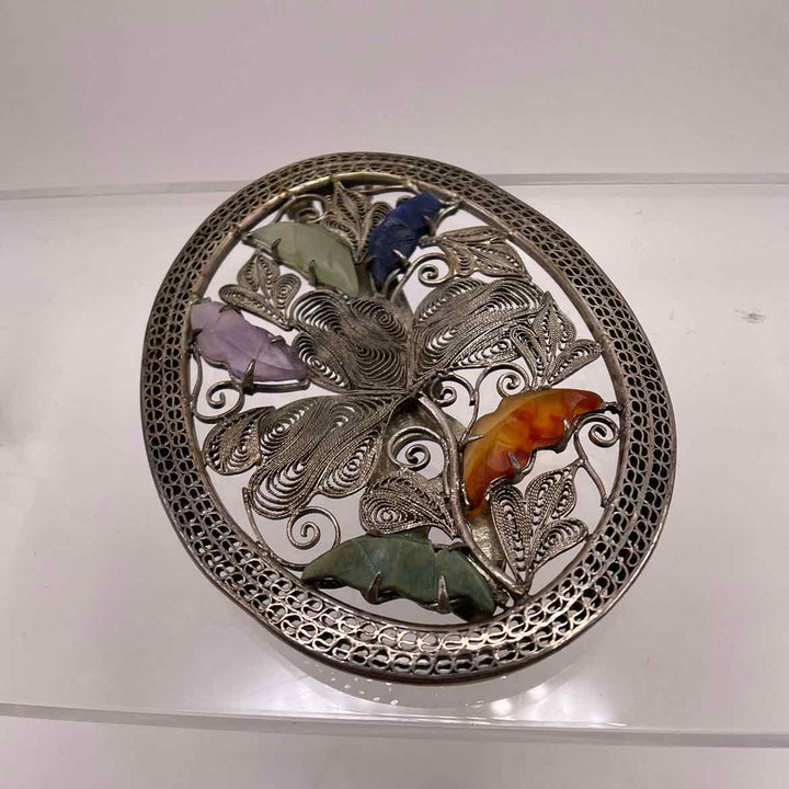 simplyposhconsign Brooch STERLING SILVER  LARGE OVAL FILLAGREE PIN WITH NATURAL STONES