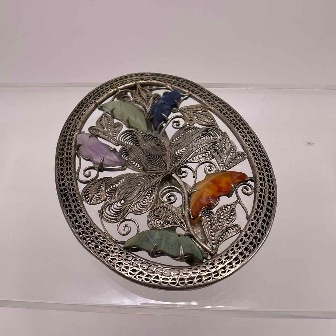 simplyposhconsign Brooch STERLING SILVER  LARGE OVAL FILLAGREE PIN WITH NATURAL STONES