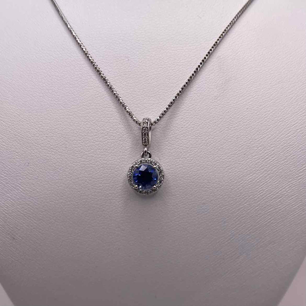 simplyposhconsign Necklace 10KW WHITE GOLD SAPPHIRE & DIAMOND HALO NECKLACE