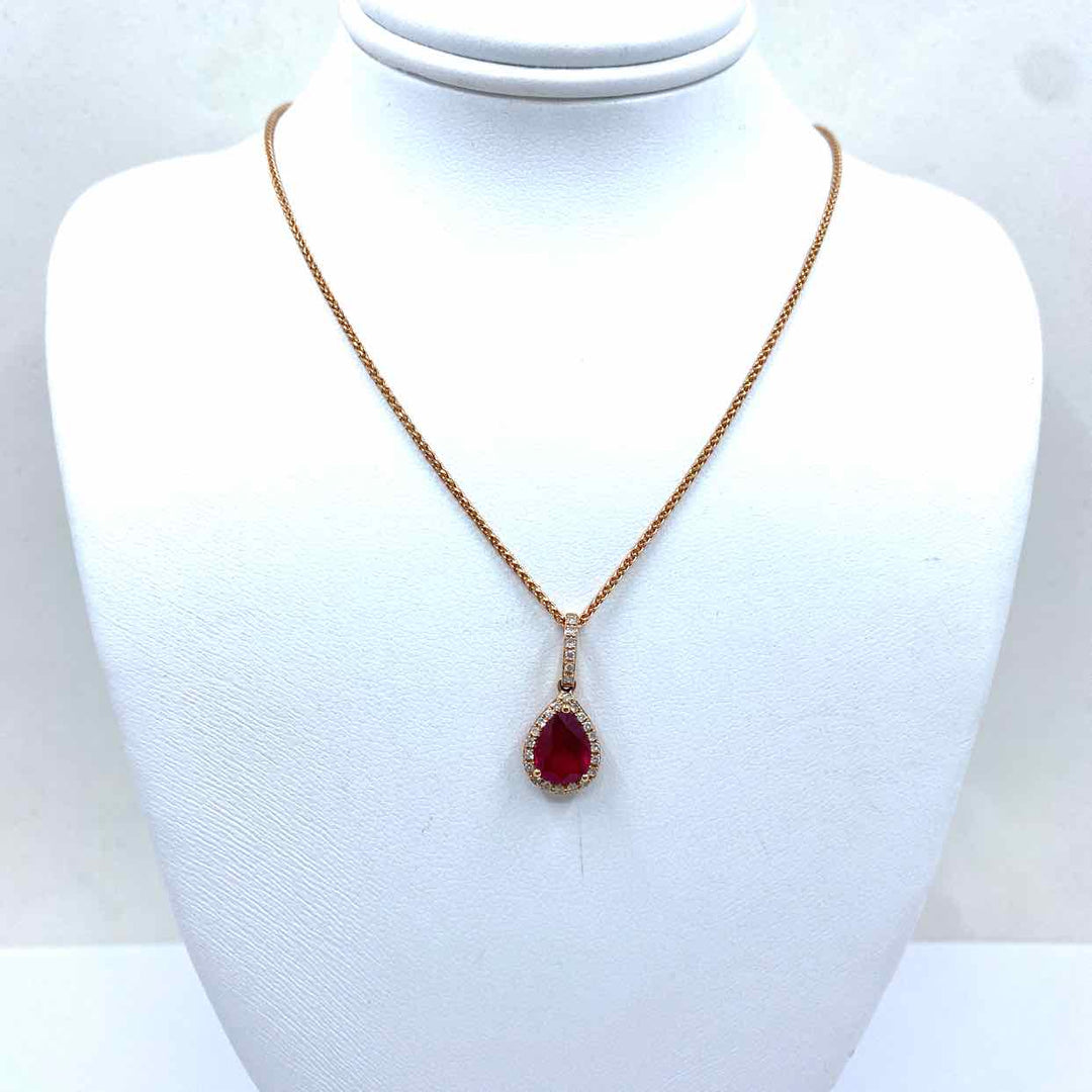 simplyposhconsign Necklace 14KR ROSE GOLD PEAR RUBY & DIAMOND HALO NECKLACE