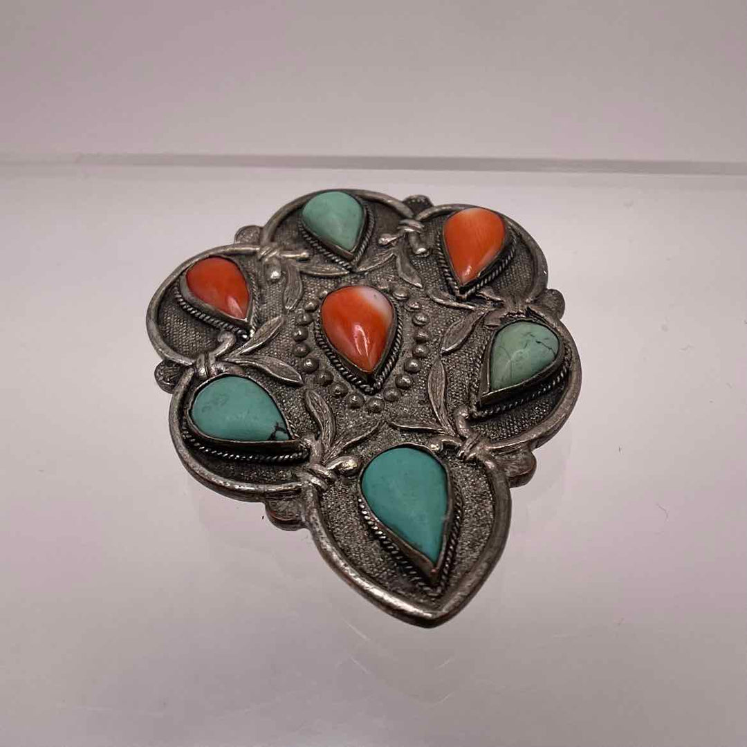 simplyposhconsign Pin STERLING SILVER  NATIVE AMERICAN  PIN WITH CORAL & TURQUOISE
