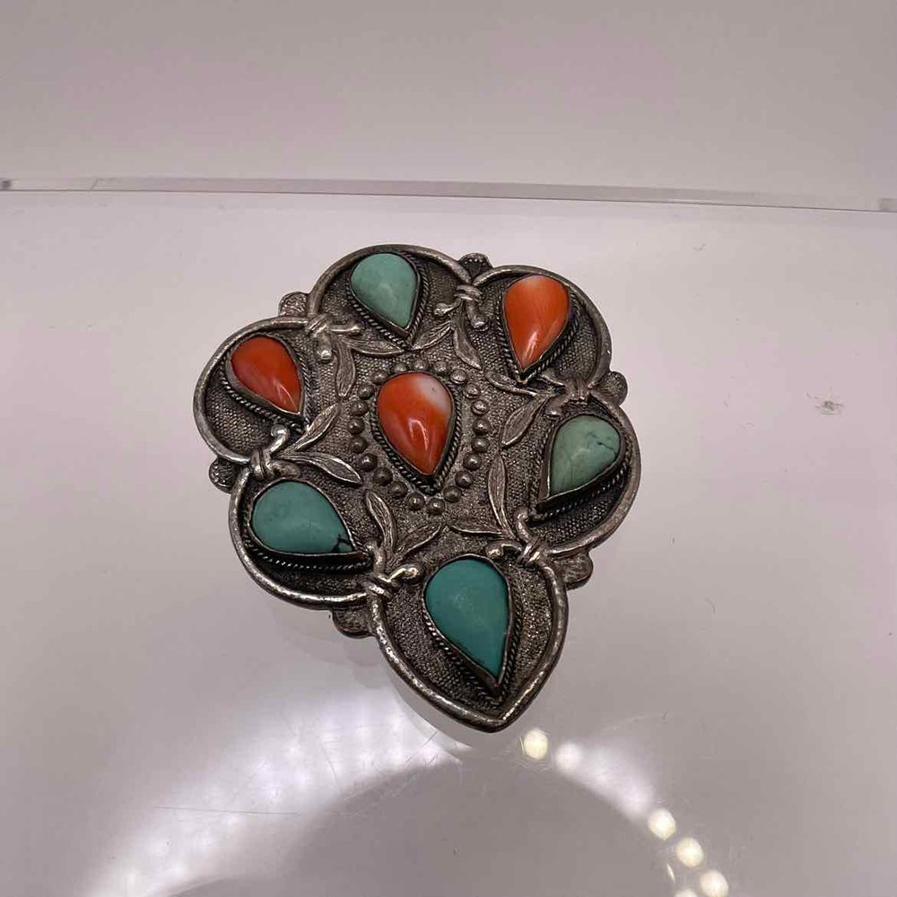 simplyposhconsign Pin STERLING SILVER  NATIVE AMERICAN  PIN WITH CORAL & TURQUOISE