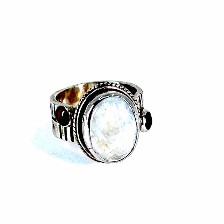 simplyposhconsign Ring Moonstone  Garnet Sterling Silver Women's Ring - Size 9  Natural Gemstone