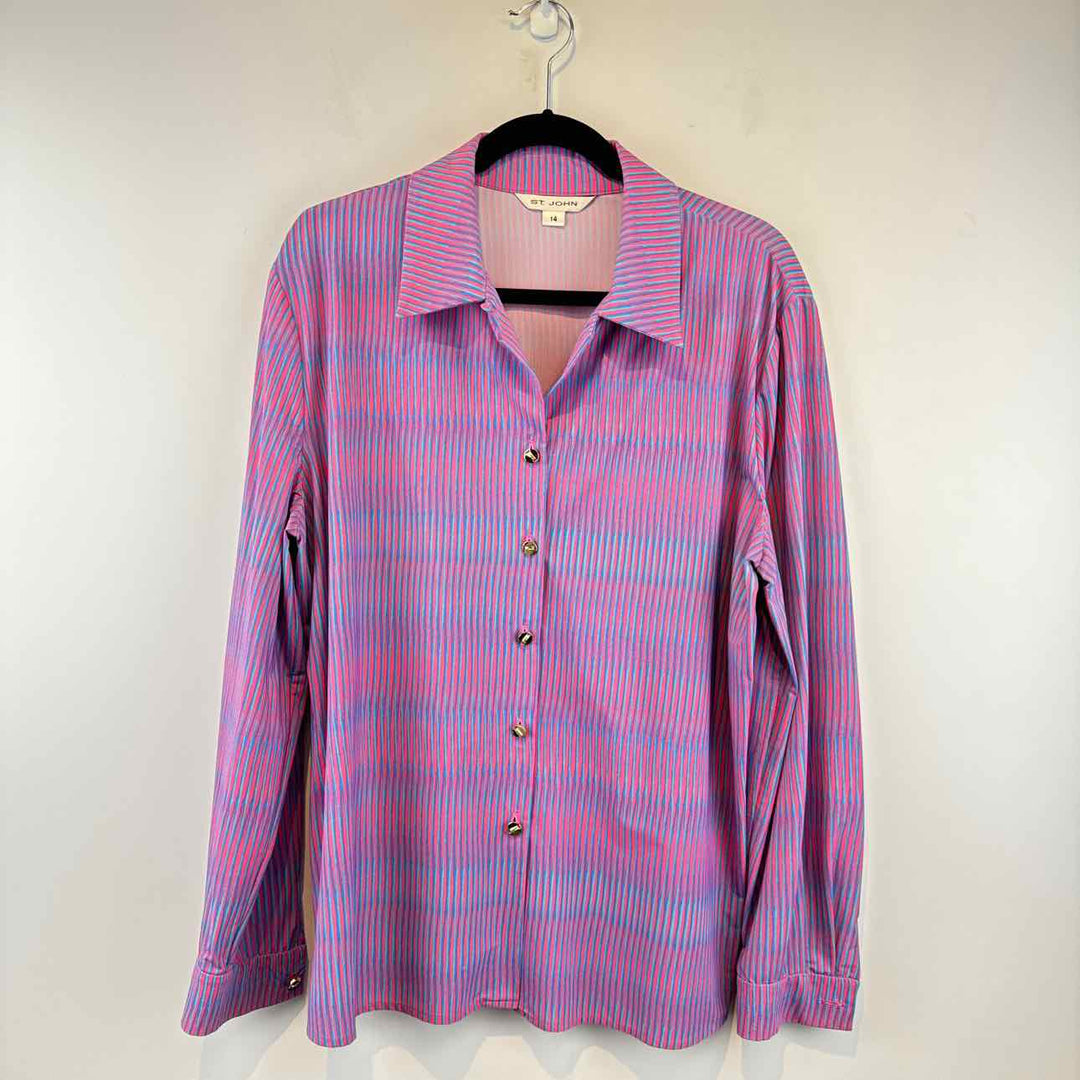 ST. JOHN Blouse Pink & Blue / 14 ST. JOHN LONGSLEEVE Abstract Lines Women's Women Size 14 Pink & Blue Blouse